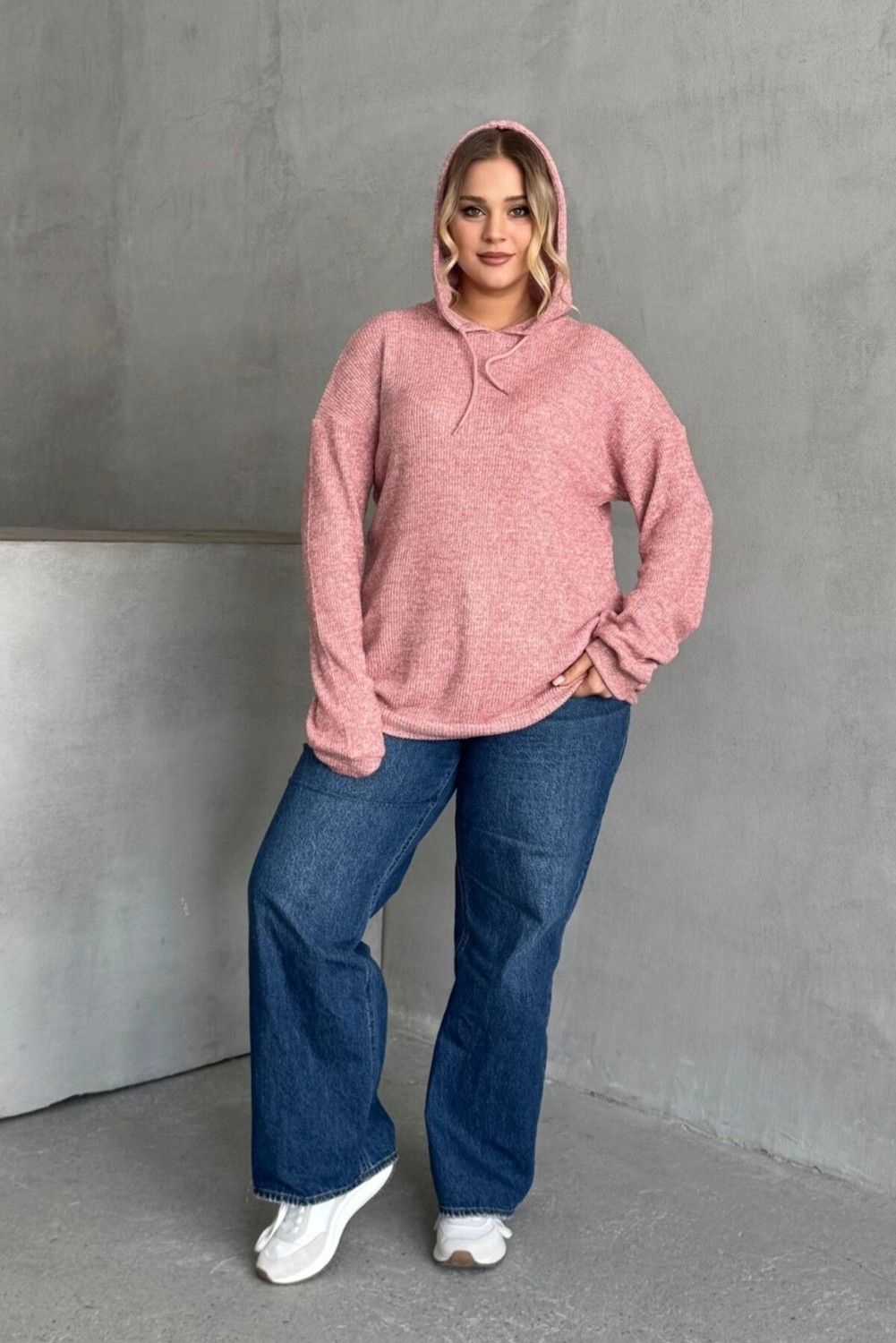 Stil Diva Büyük Beden Kadın Uzun Kollu Pembe Kapüşonlu Sweatshirt İnce Örme Ekstra Rahat Tasarım-300373 görsel 4