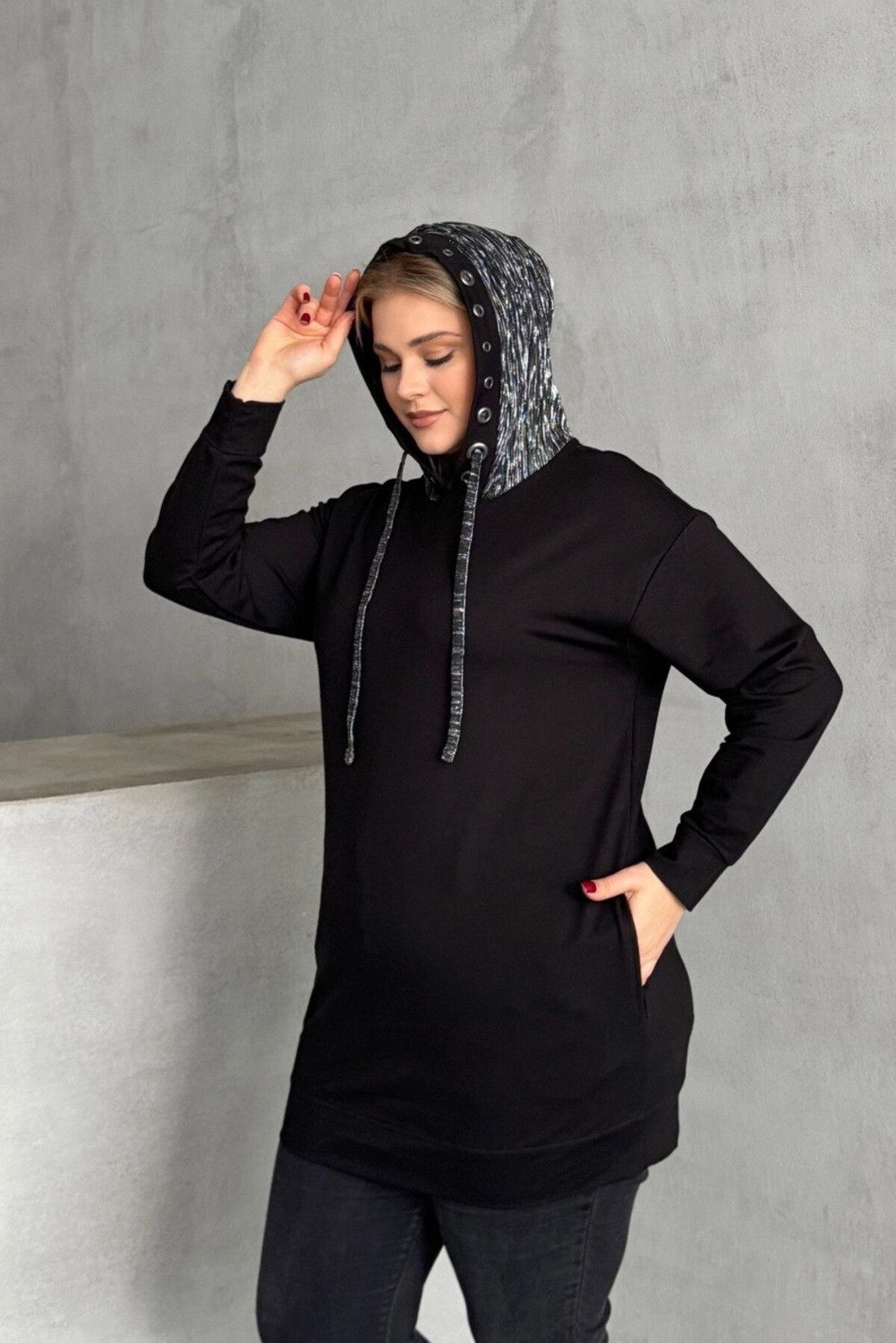 Stil Diva Büyük Beden Uzun Kollu Kapüşonu Desenli Cepli Sweatshirt 106-92 görsel 2