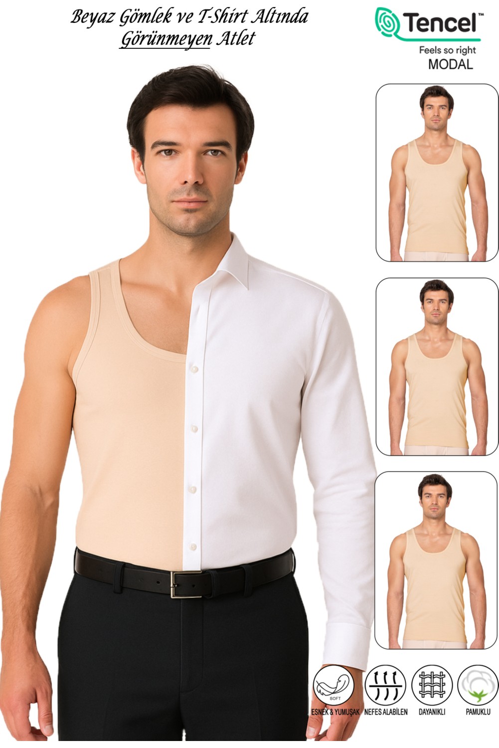 Özkan Underwear Özkan 10852 3'lü Paket Erkek Premium Esnek Kumaş Pamuklu Modal Kalın Askılı Atlet görsel 6