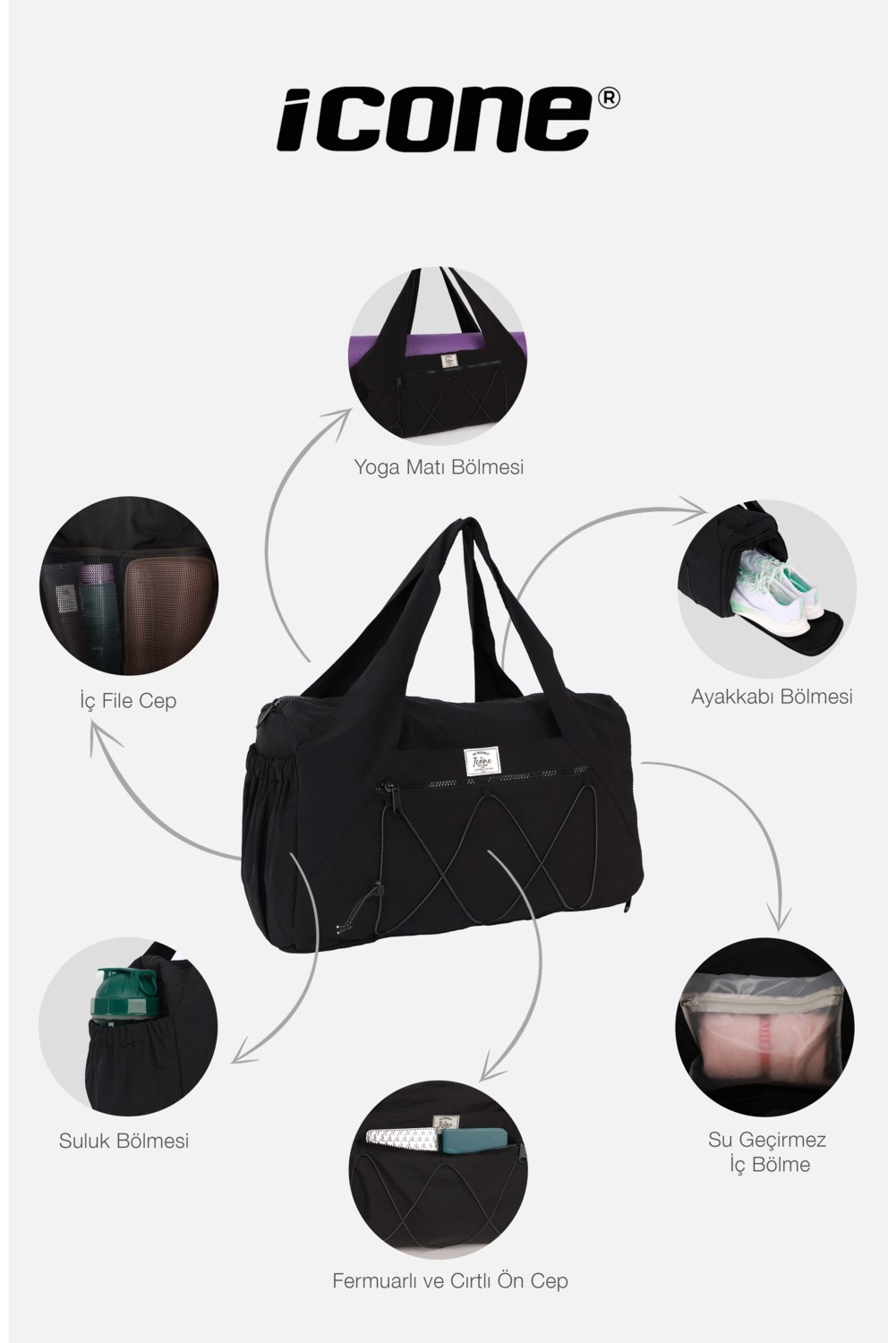 İcone Bag Kadın Spor ve Yoga Çantası, Çok Cepli, Ayakkabı Bölmeli, Lastik Detaylı, Fermuarlı Ön Cep görsel 6
