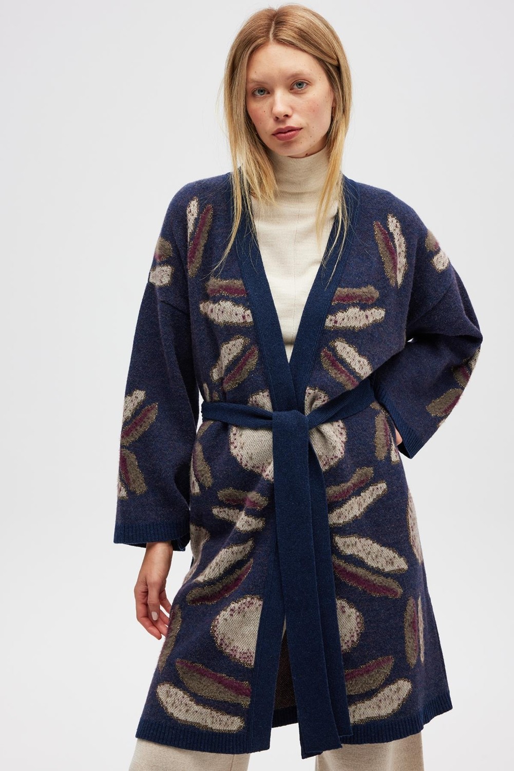 Peraluna Makoya Desenli Kadın Triko Kimono - Indigo Multi görsel 2