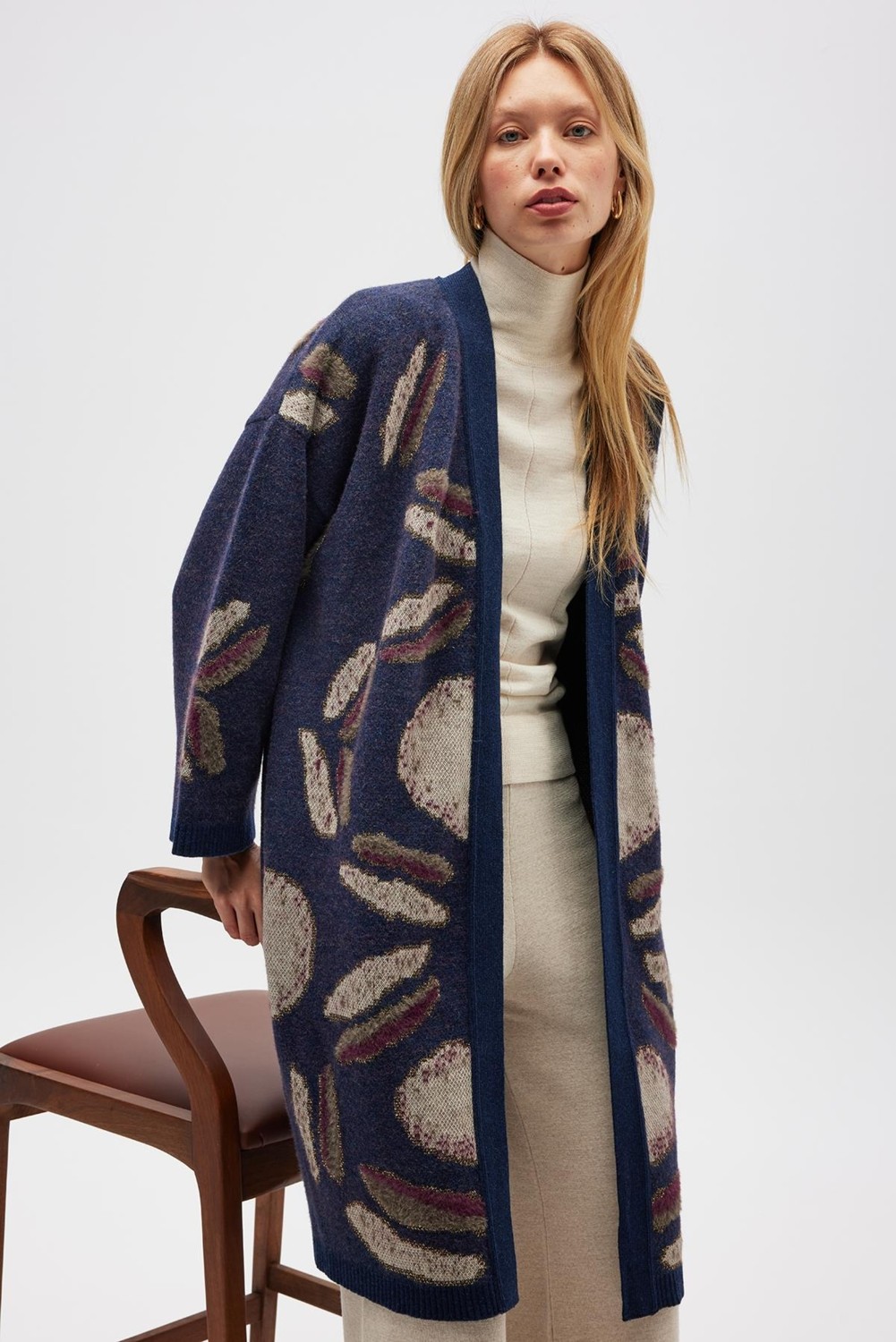 Peraluna Makoya Desenli Kadın Triko Kimono - Indigo Multi görsel 3