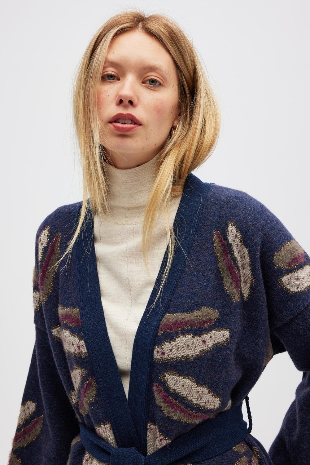 Peraluna Makoya Desenli Kadın Triko Kimono - Indigo Multi görsel 5