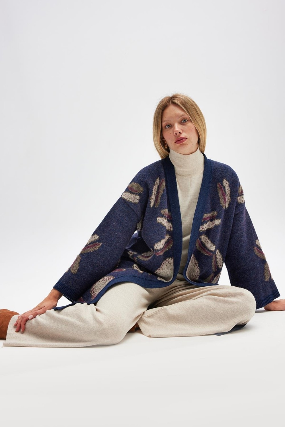 Peraluna Makoya Desenli Kadın Triko Kimono - Indigo Multi görsel 6