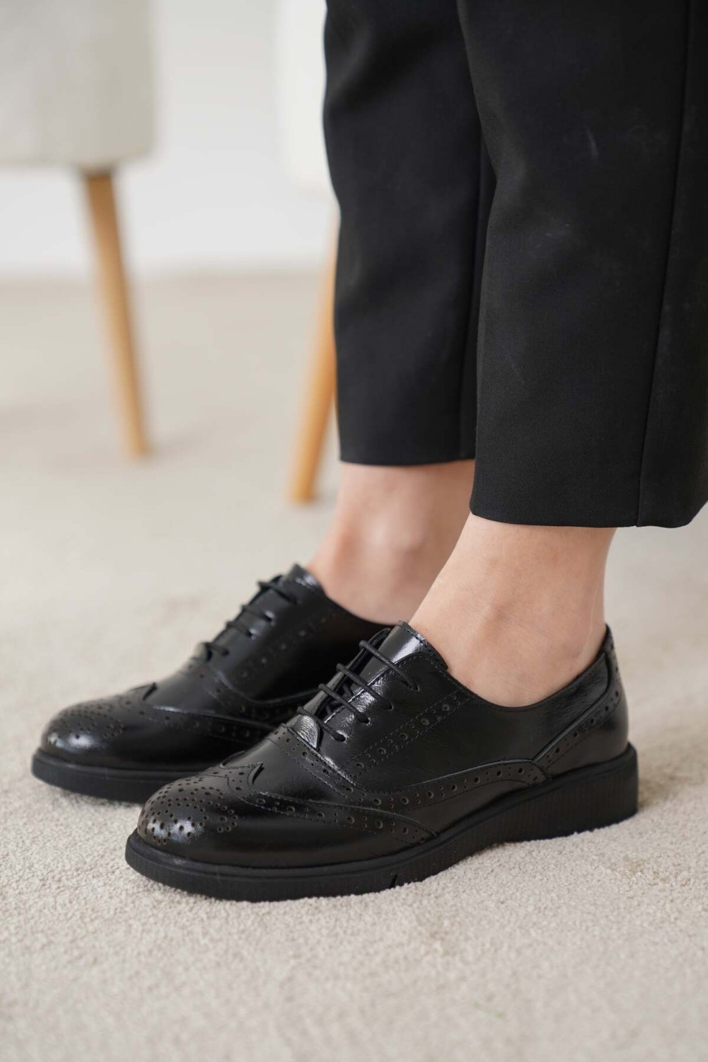 Özse Shoes Kadın Siyah Cilt Hakiki Doğal Deri Oxford Ayakkabı