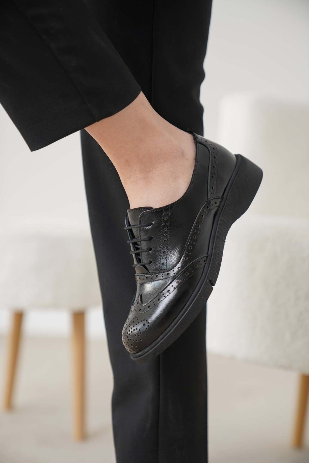 Özse Shoes Kadın Siyah Cilt Hakiki Doğal Deri Oxford Ayakkabı görsel 3