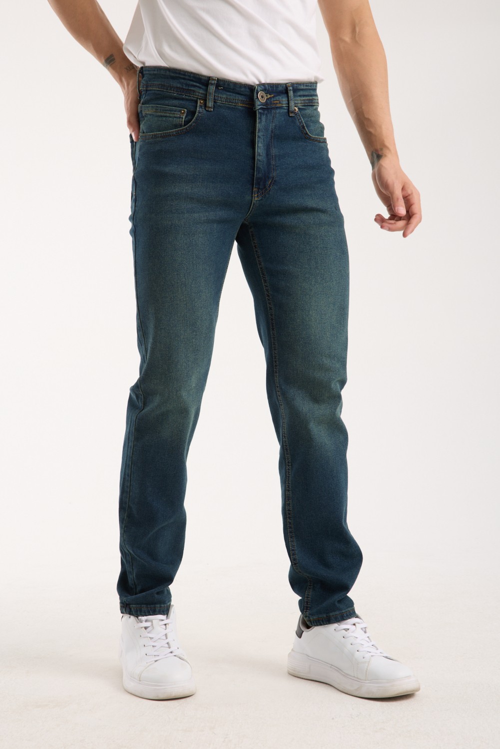 OneZero Erkek Pantolon Regular Fit Yeşil Tint Fermuarlı Rahat Giyim Jeans