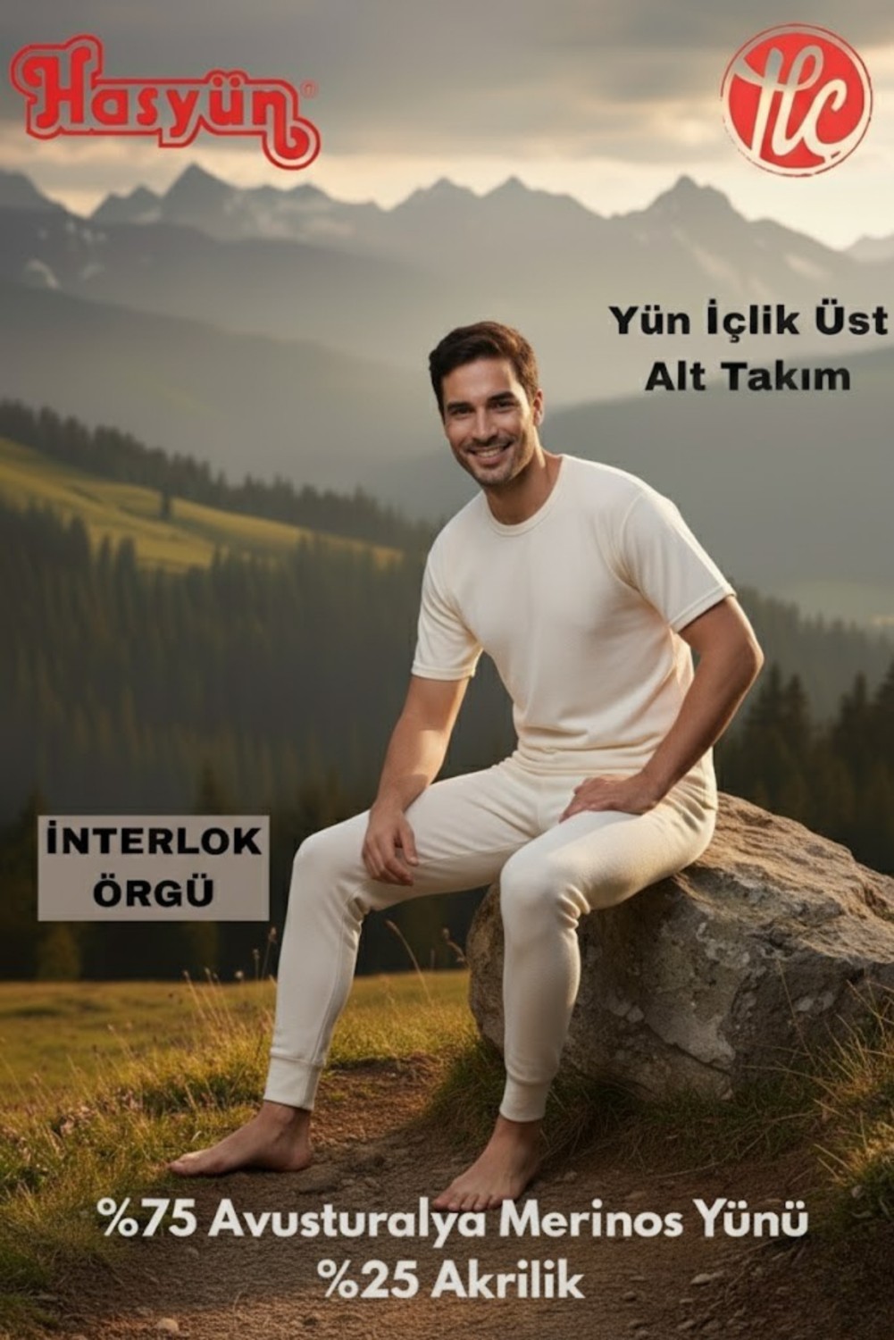 Hasyün Erkek Ekru %75 Yün Ter Emici Kaşındırmaz Içlik Kısa Kol Üst Alt Takım
