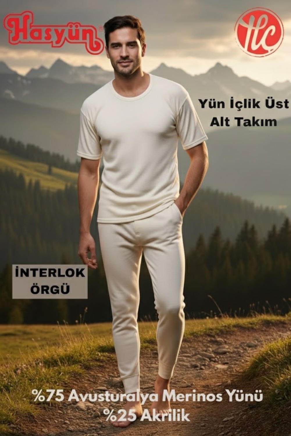 Hasyün Erkek Ekru %75 Yün Ter Emici Kaşındırmaz Içlik Kısa Kol Üst Alt Takım görsel 2