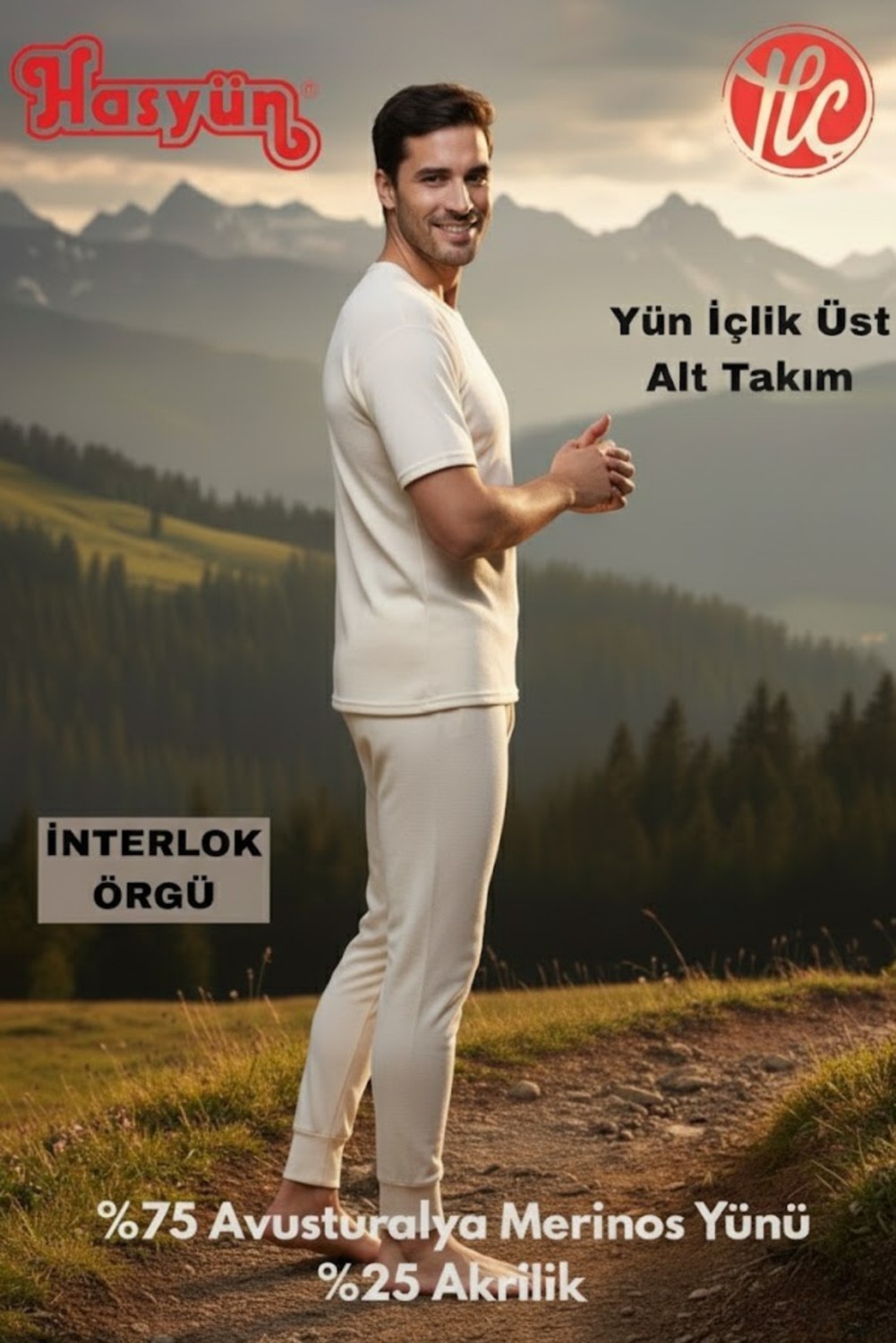 Hasyün Erkek Ekru %75 Yün Ter Emici Kaşındırmaz Içlik Kısa Kol Üst Alt Takım görsel 4