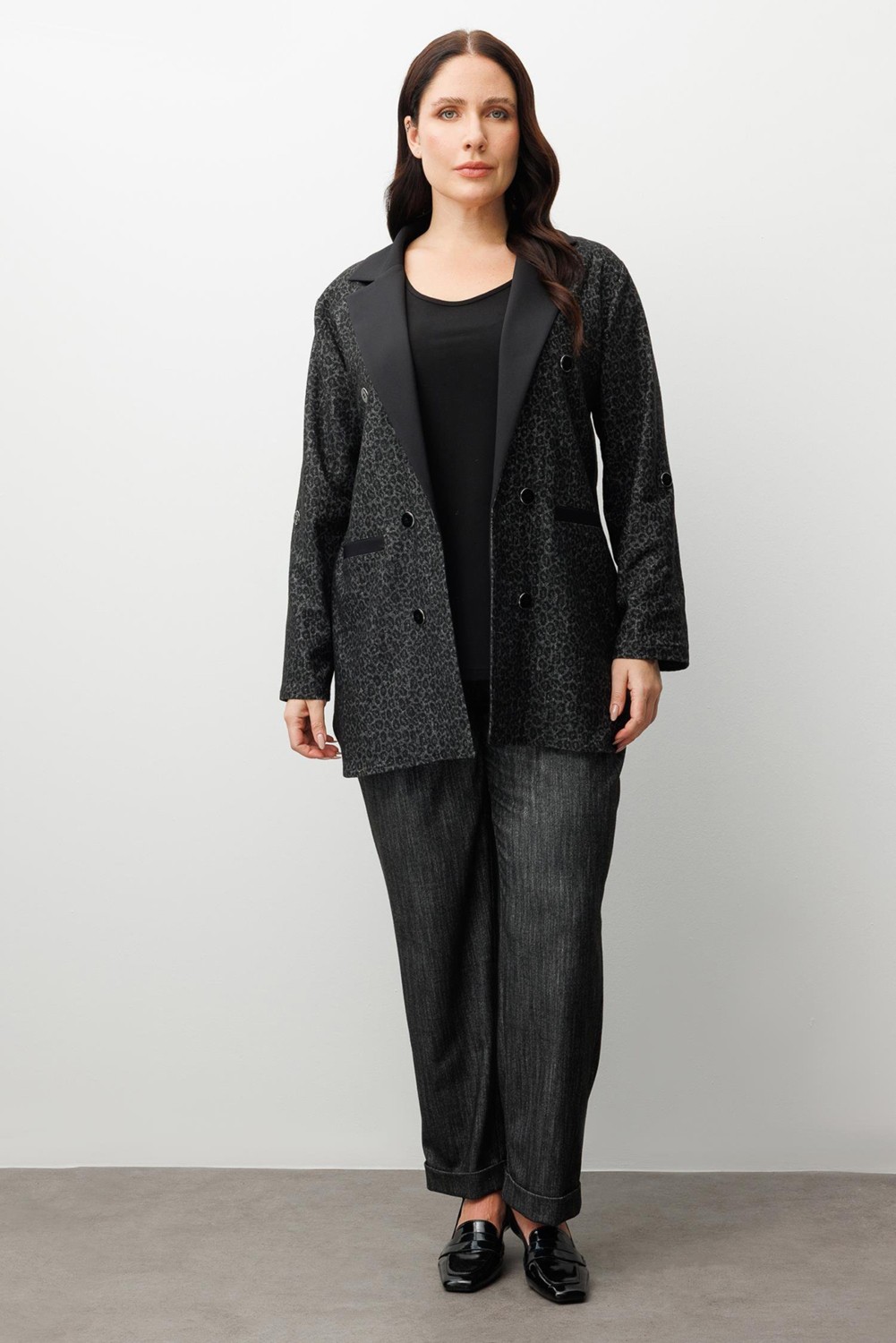 Moda İlgi Moda Ilgi Kadın Büyük Beden Salaş Takma Kol Leopar Ceket 0336 Siyah