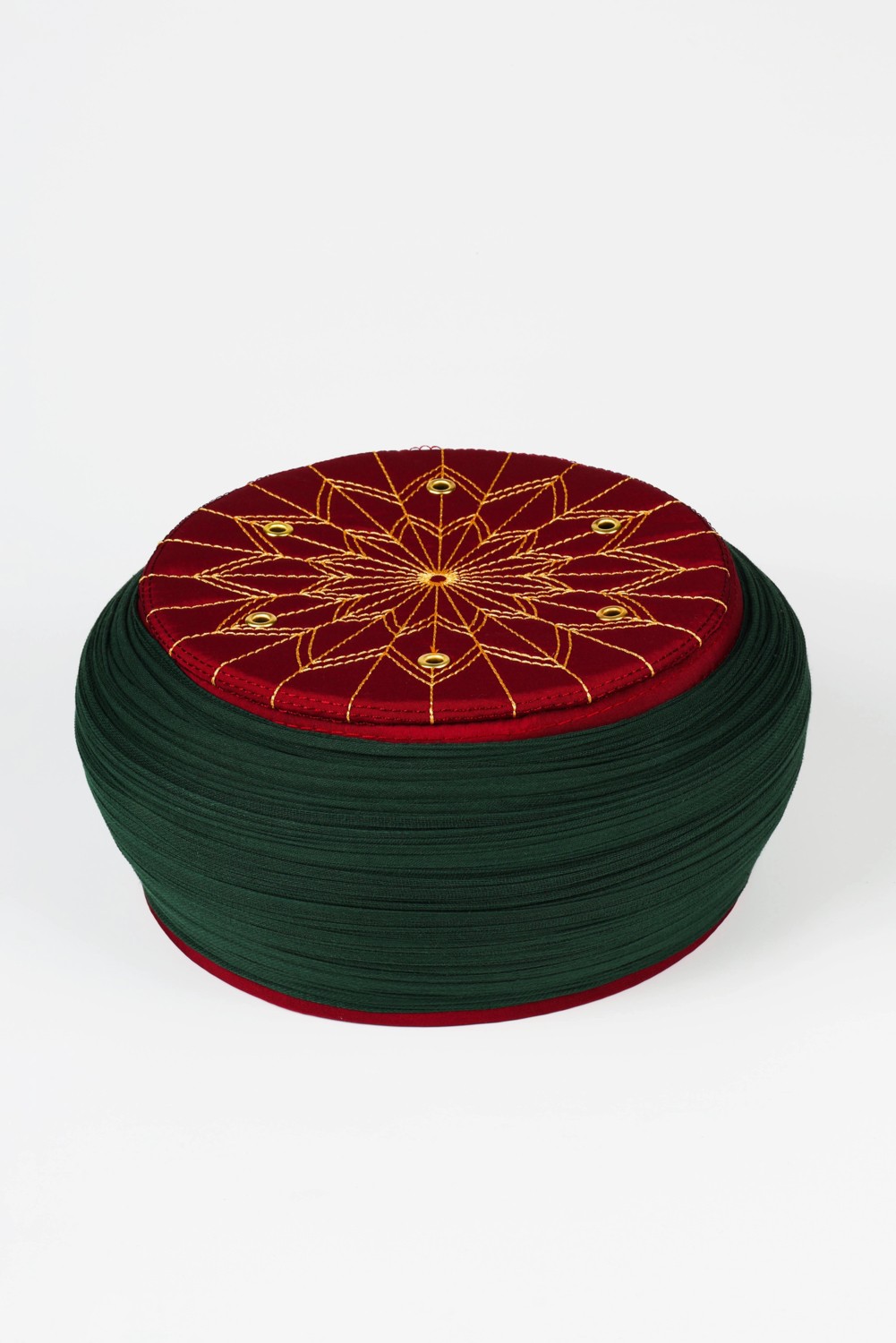 Sarıkhane Çocuk Talebe Sarığı - Yeşil Kumaş - Bordo Takke - Yuvarlak Sarım - Kuş Gözü - 6 Metre