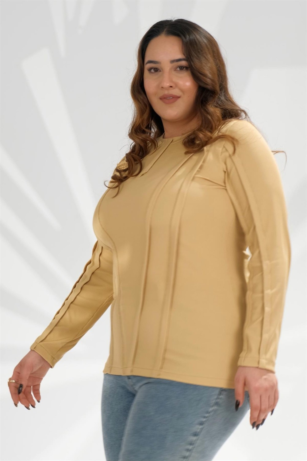Roxxlen 333051 Kadın Büyük Beden Sarı Ribana Şeritli Sweat görsel 4