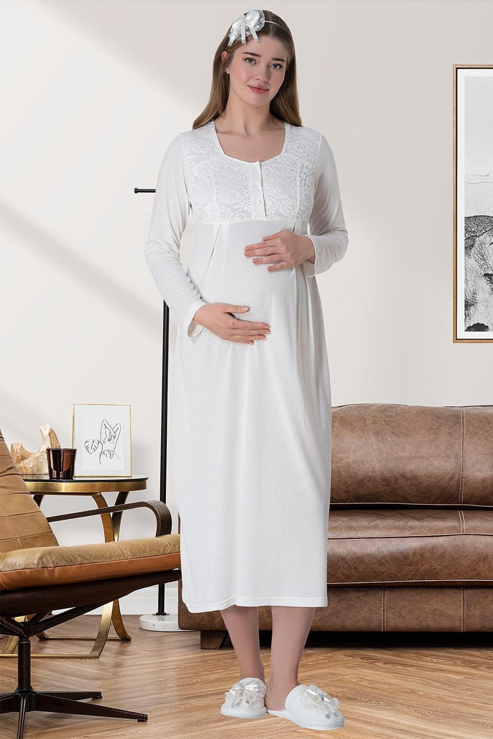 Mecit Pijama Mecit 6060 Ekru Dantel Sabahlıklı Gecelik Pijama Lohusa Set görsel 5