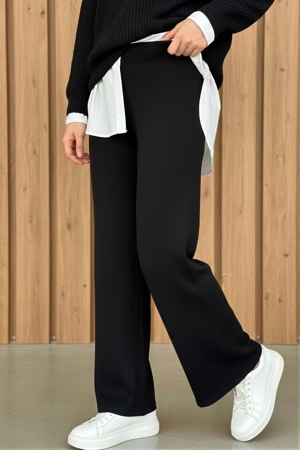 İmaj Butik Siyah Yüksek Bel Bol Paça Triko Pantolon görsel 2
