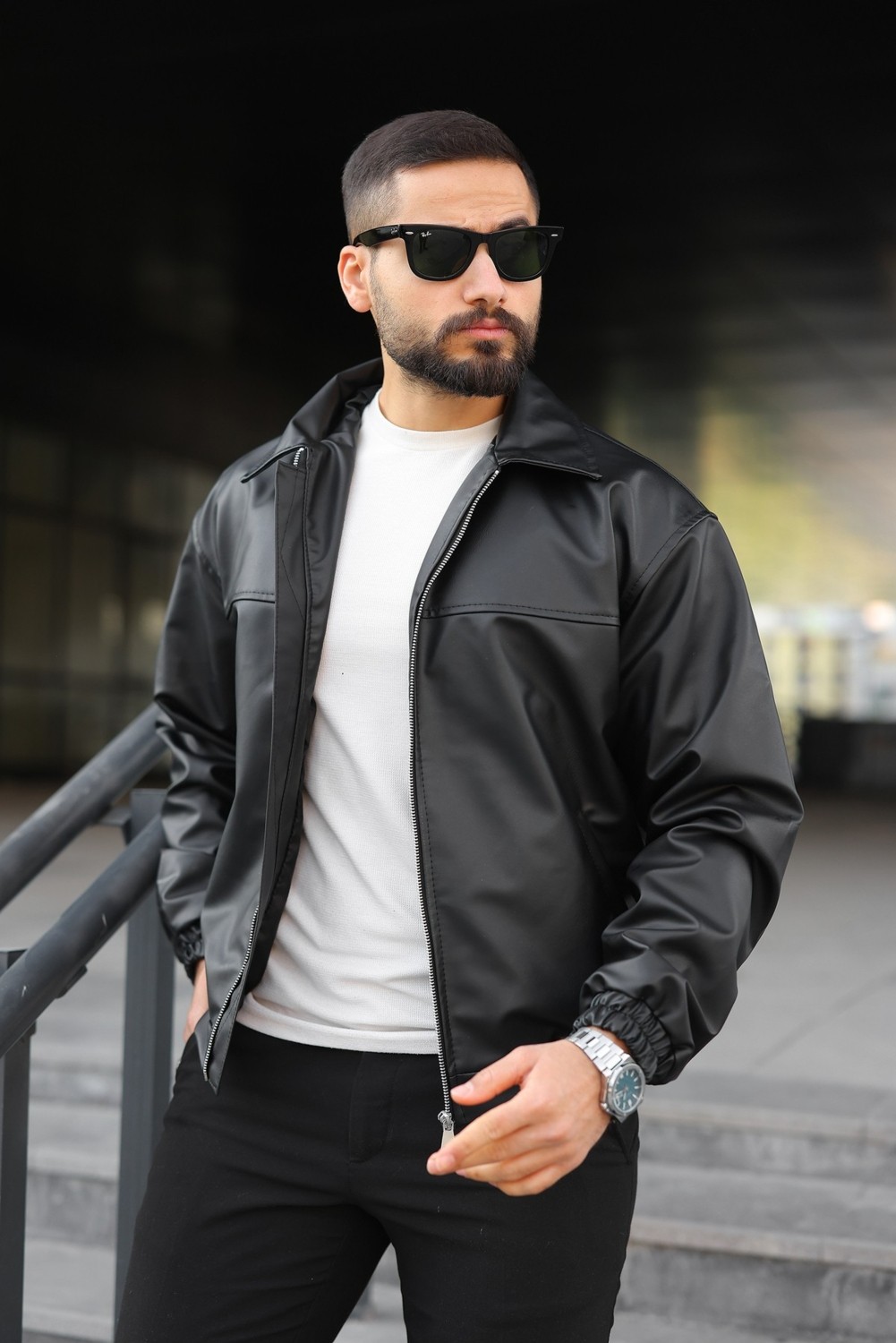 Baselco Oversize Erkek Deri Ceket Suni Deri Slim Fit Polo Yaka Şık Tasarım Siyah