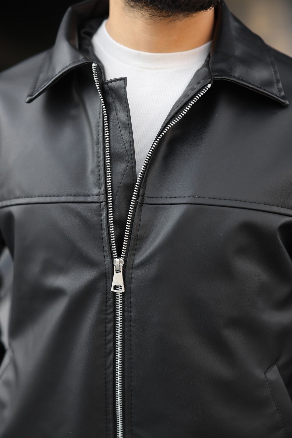 Baselco Oversize Erkek Deri Ceket Suni Deri Slim Fit Polo Yaka Şık Tasarım Siyah görsel 4