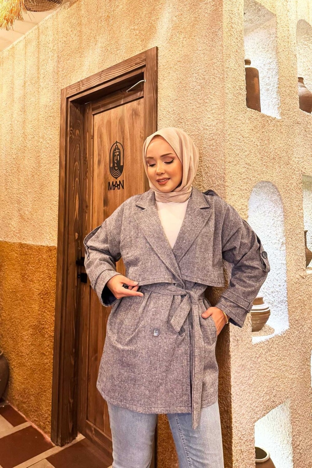 Md Çift Düğmeli Astarlı Kısa Trençkot İndigo görsel 2
