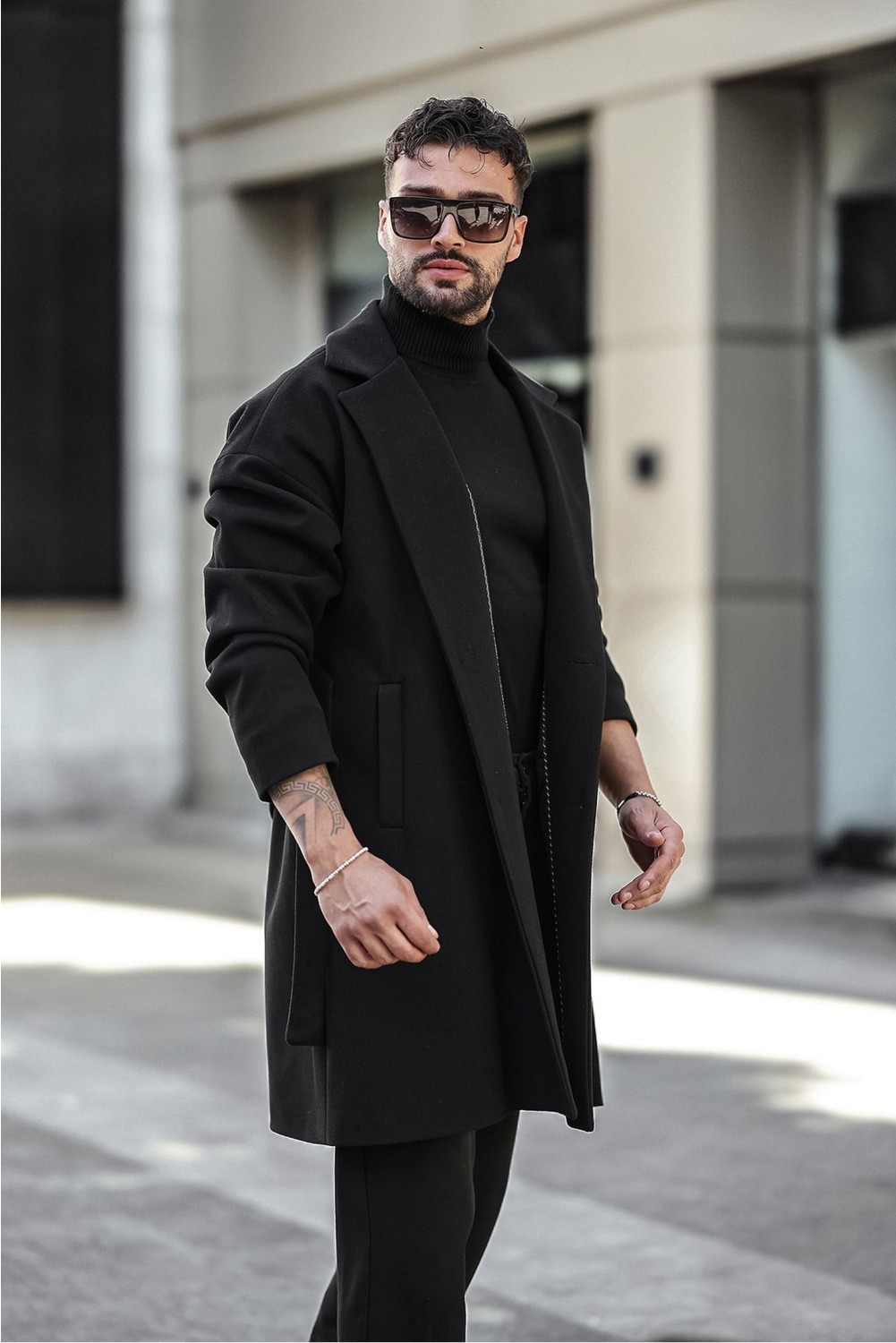 Gm Giyimarket Erkek Siyah Kemerli Oversize Rahat Kesim Kaşe Kaban görsel 2