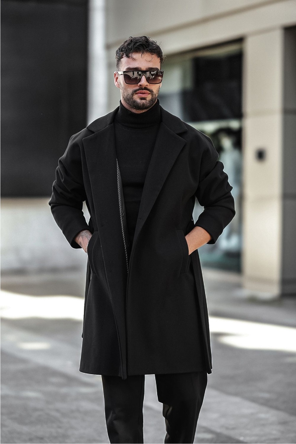 Gm Giyimarket Erkek Siyah Kemerli Oversize Rahat Kesim Kaşe Kaban görsel 3