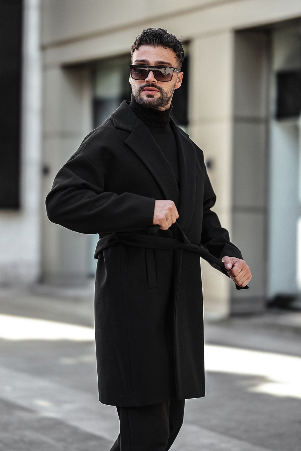 Gm Giyimarket Erkek Siyah Kemerli Oversize Rahat Kesim Kaşe Kaban görsel 4
