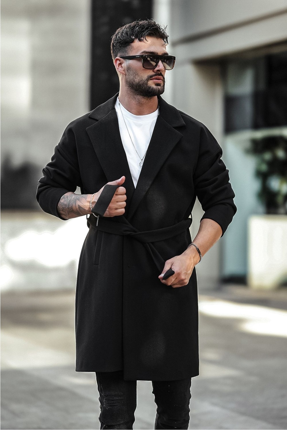 Gm Giyimarket Erkek Siyah Kemerli Oversize Rahat Kesim Kaşe Kaban görsel 5