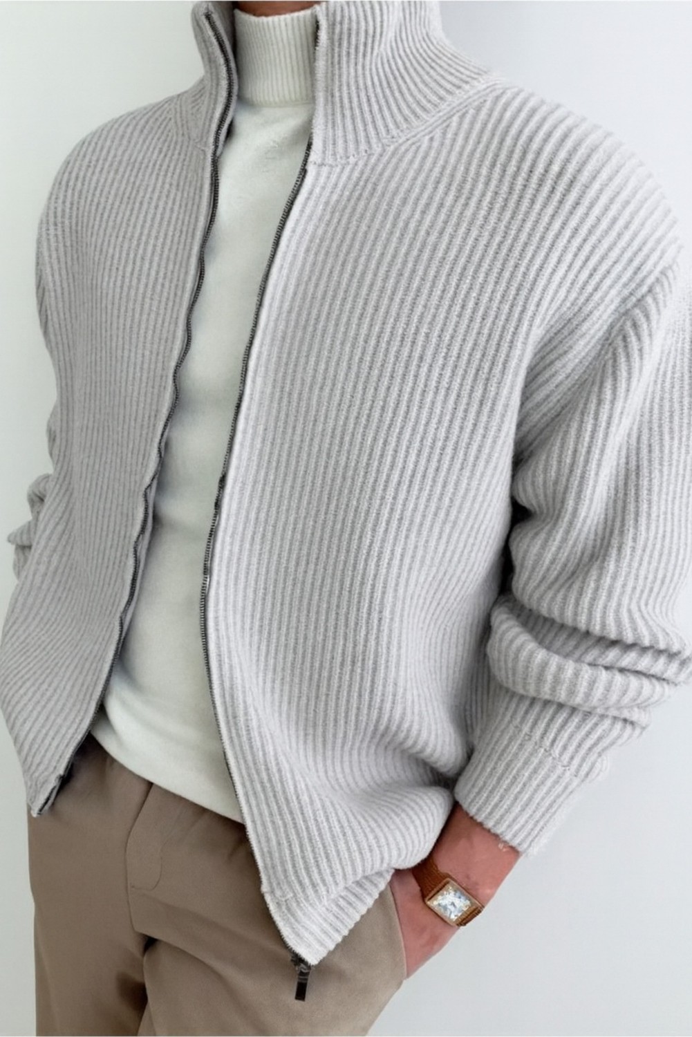 Tarz Cool Erkek Dik Yaka Fermuarlı Slim Fit Triko Hırka görsel 6