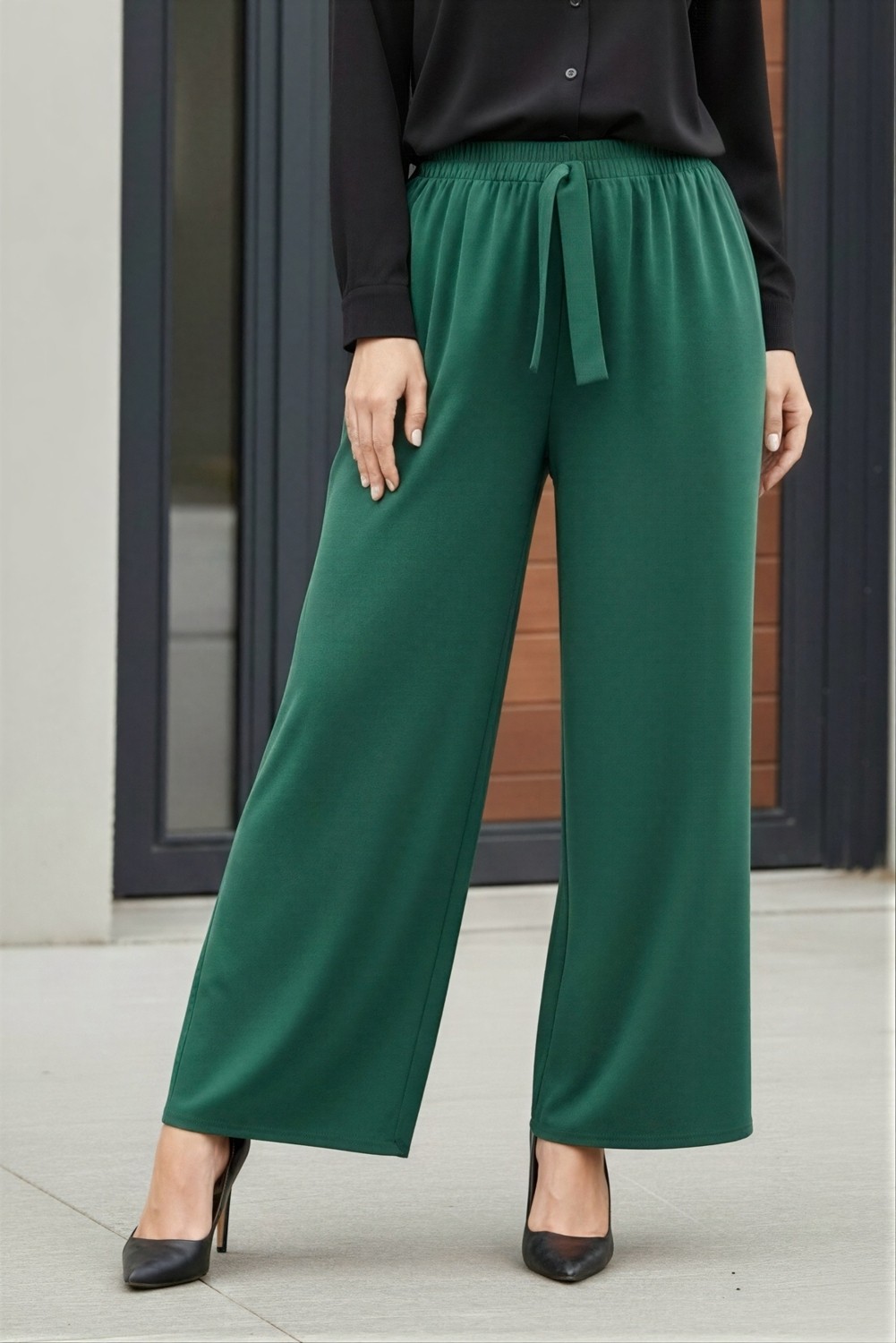 İmaj Butik Siyah Sandy Pantolon Kadın Bol Paça Dokuma Rahat Kalıp Modern Tasarım görsel 4