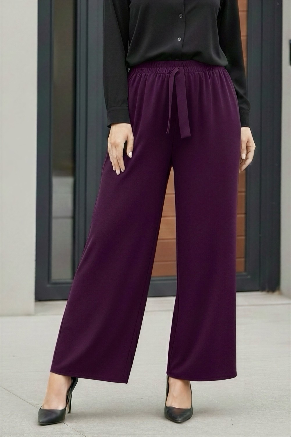 İmaj Butik Siyah Sandy Pantolon Kadın Bol Paça Dokuma Rahat Kalıp Modern Tasarım görsel 5