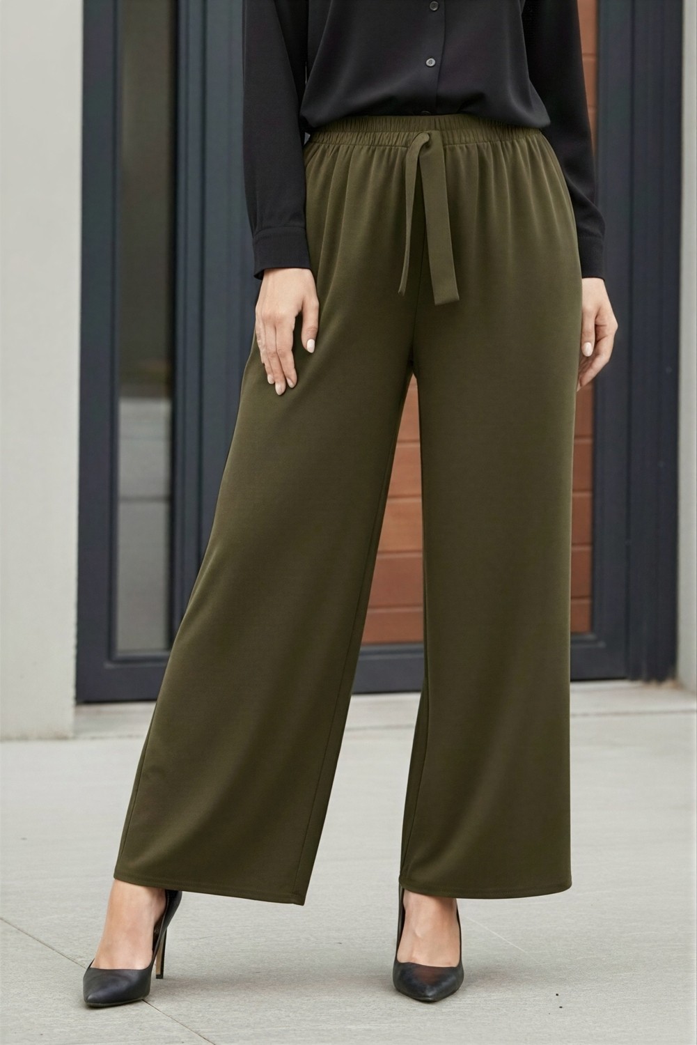 İmaj Butik Siyah Sandy Pantolon Kadın Bol Paça Dokuma Rahat Kalıp Modern Tasarım görsel 8