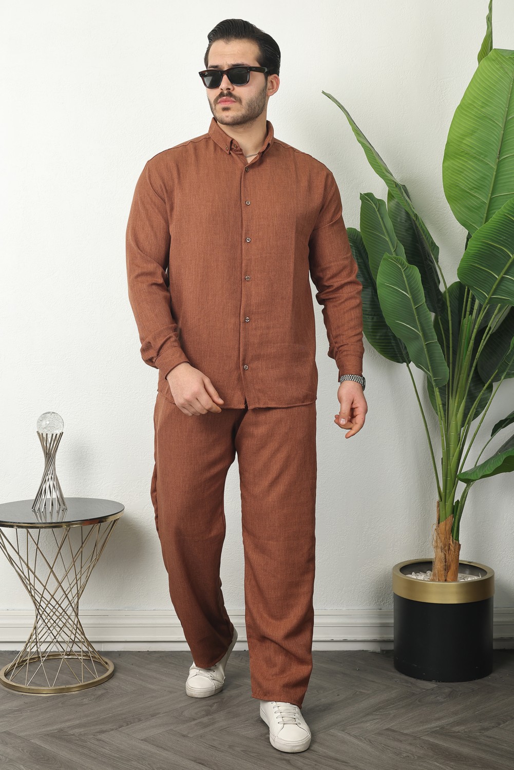 Comstar Erkek Trend Keten Gömlek Baggy Eşofman Kahve Ikili Takım