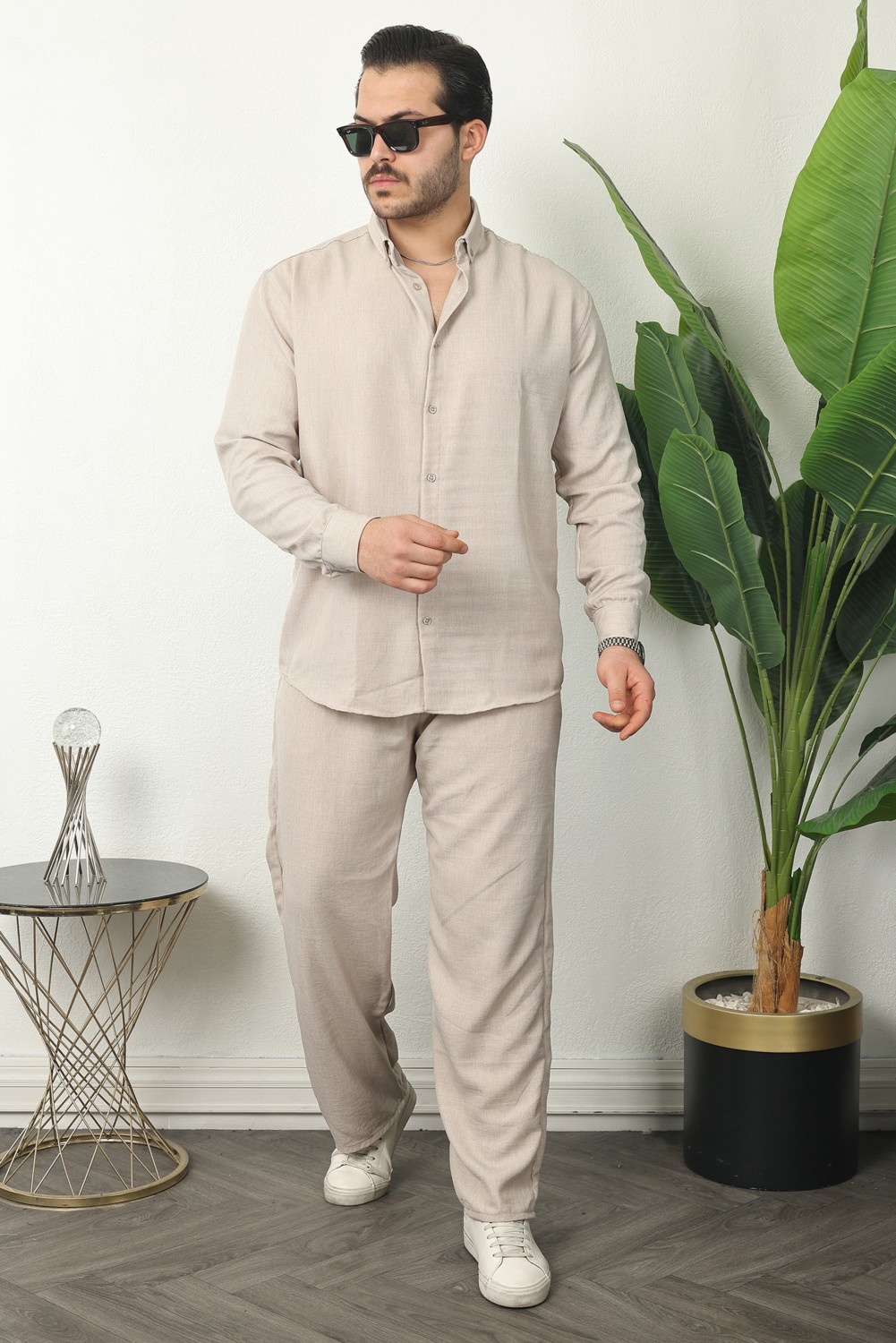 Comstar Erkek Trend Keten Gömlek Baggy Eşofman Kahve Ikili Takım