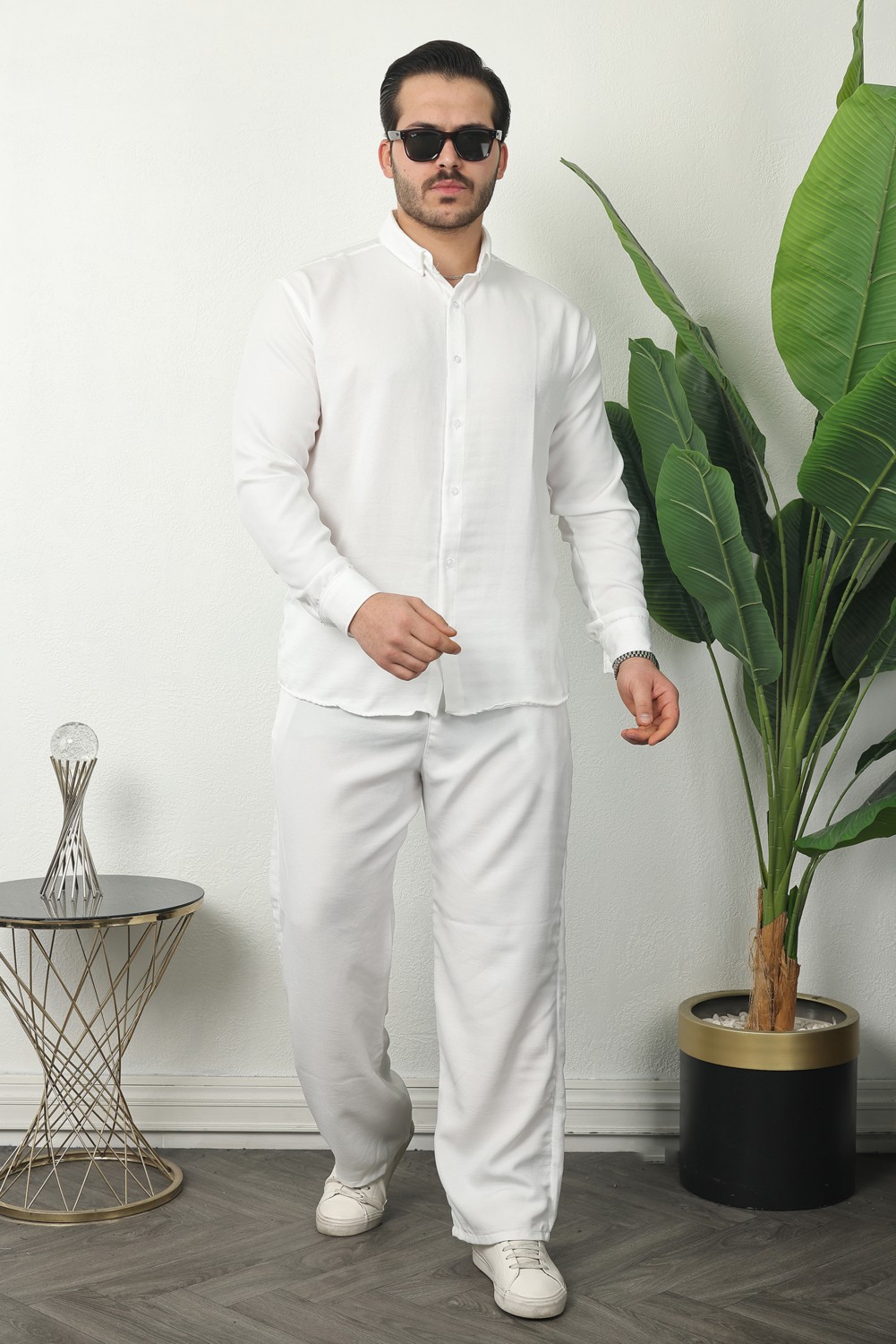 Comstar Erkek Trend Keten Gömlek Baggy Eşofman Kahve Ikili Takım