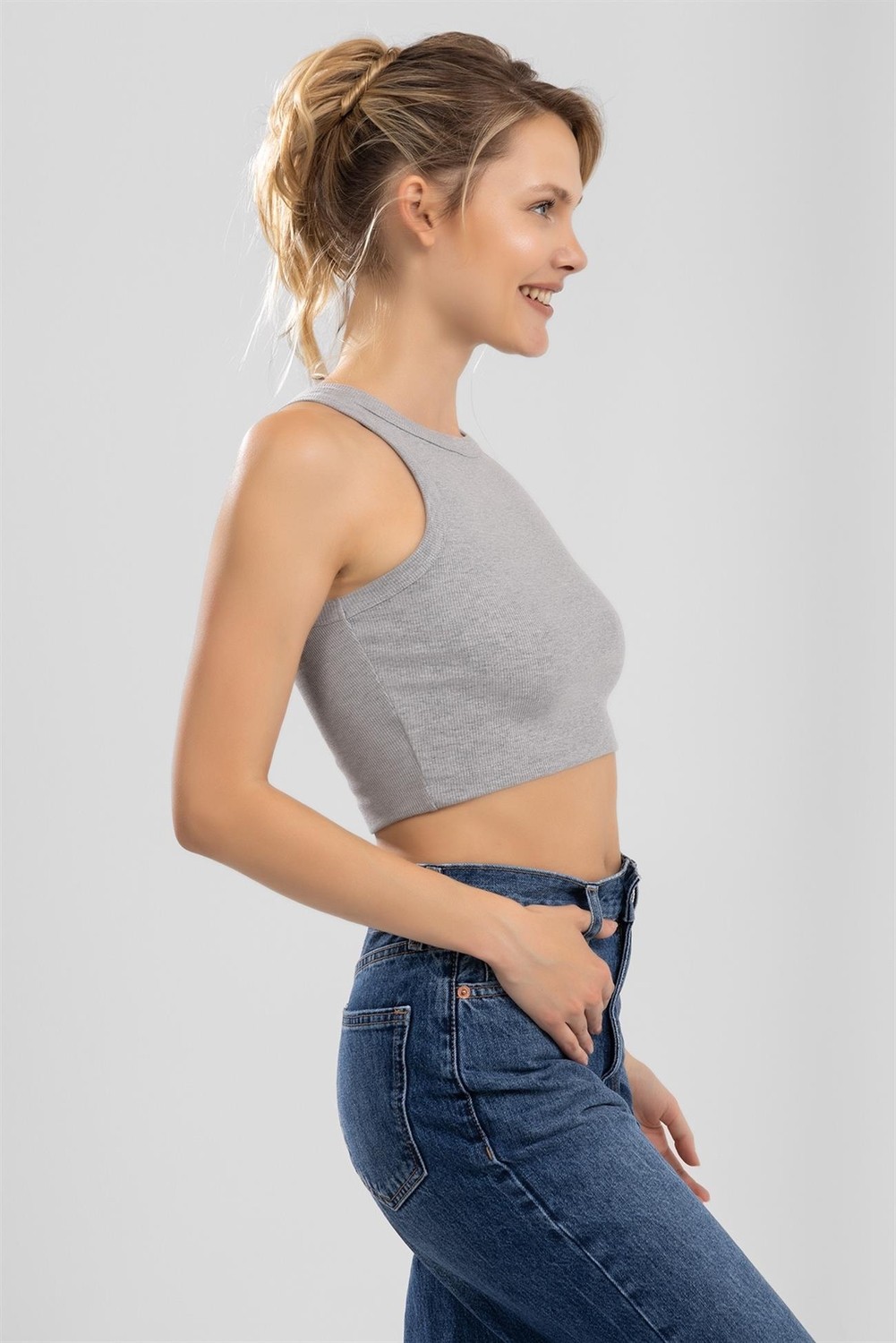 Baykar Kadın Bisiklet Yaka Sıfır Kol Kaşkorse Crop Büstiyer Gri görsel 6