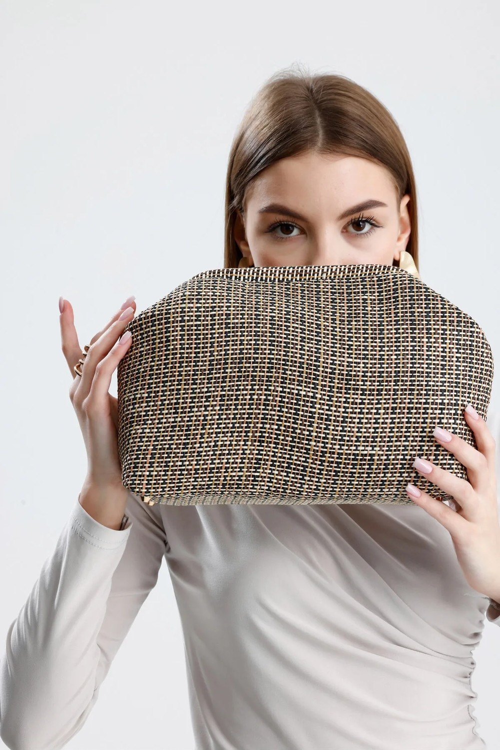 Heybes Kadın Jüt Hasır Clutch El Çantası Zarif Tasarım 28x19x10 cm Siyah Biyeli Çizgili görsel 4
