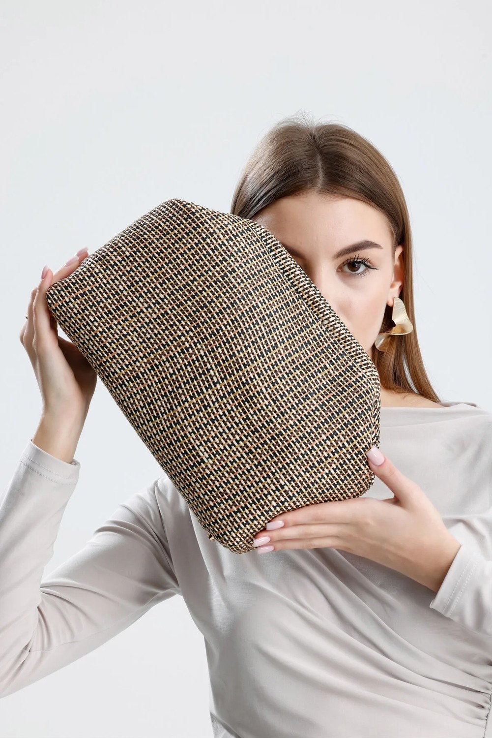 Heybes Kadın Jüt Hasır Clutch El Çantası Zarif Tasarım 28x19x10 cm Siyah Biyeli Çizgili görsel 7