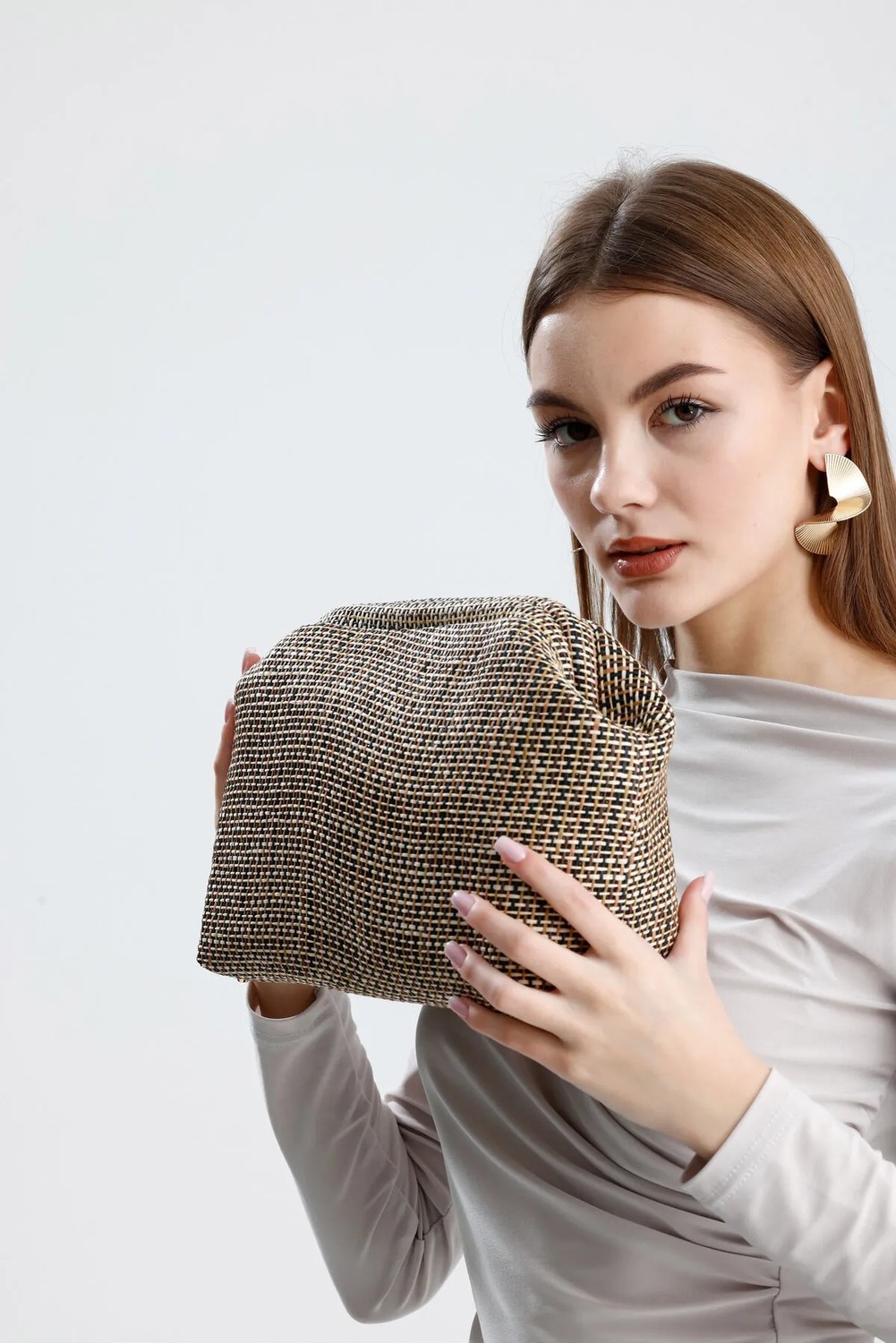 Heybes Kadın Jüt Hasır Clutch El Çantası Zarif Tasarım 28x19x10 cm Siyah Biyeli Çizgili görsel 8