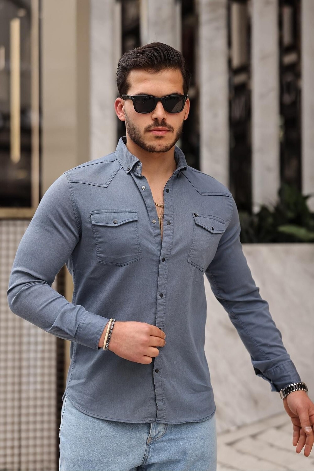Comstar Slim Fit Çıtçıtlı Çift Cep Kot Gömlek görsel 4