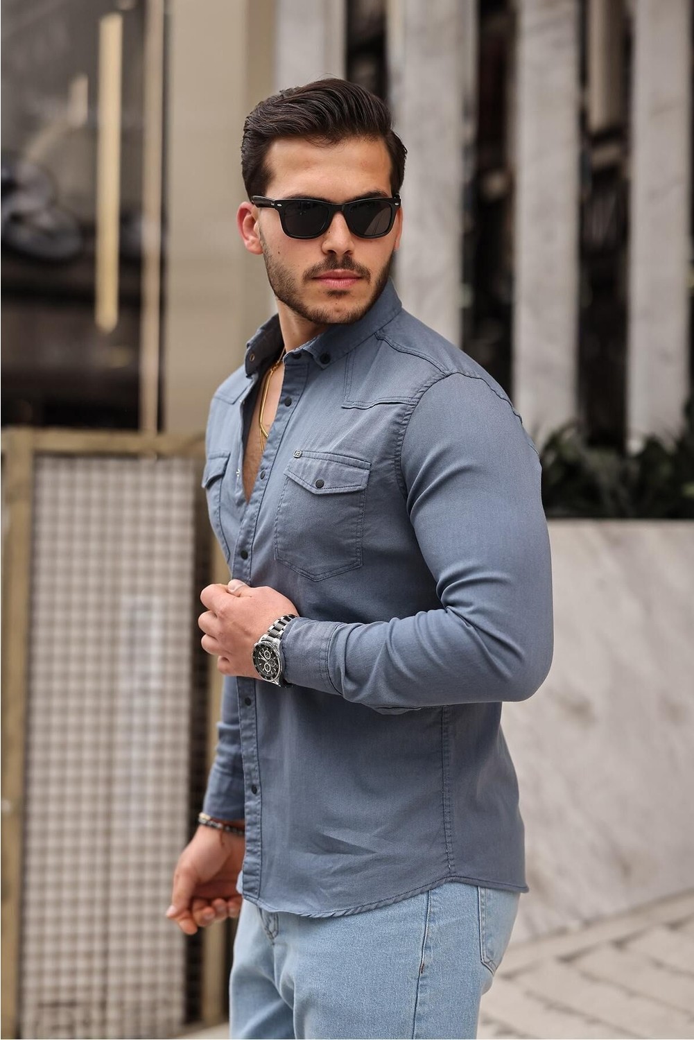 Comstar Slim Fit Çıtçıtlı Çift Cep Kot Gömlek görsel 6