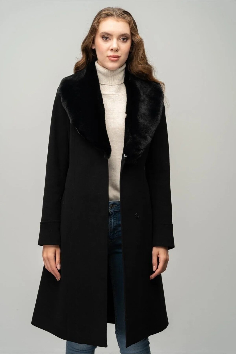 Olcay SİYAH Kadın Kaban, Kürklü ve Belden Kuşaklı, Polyester Malzeme ile Casual Stil görsel 8