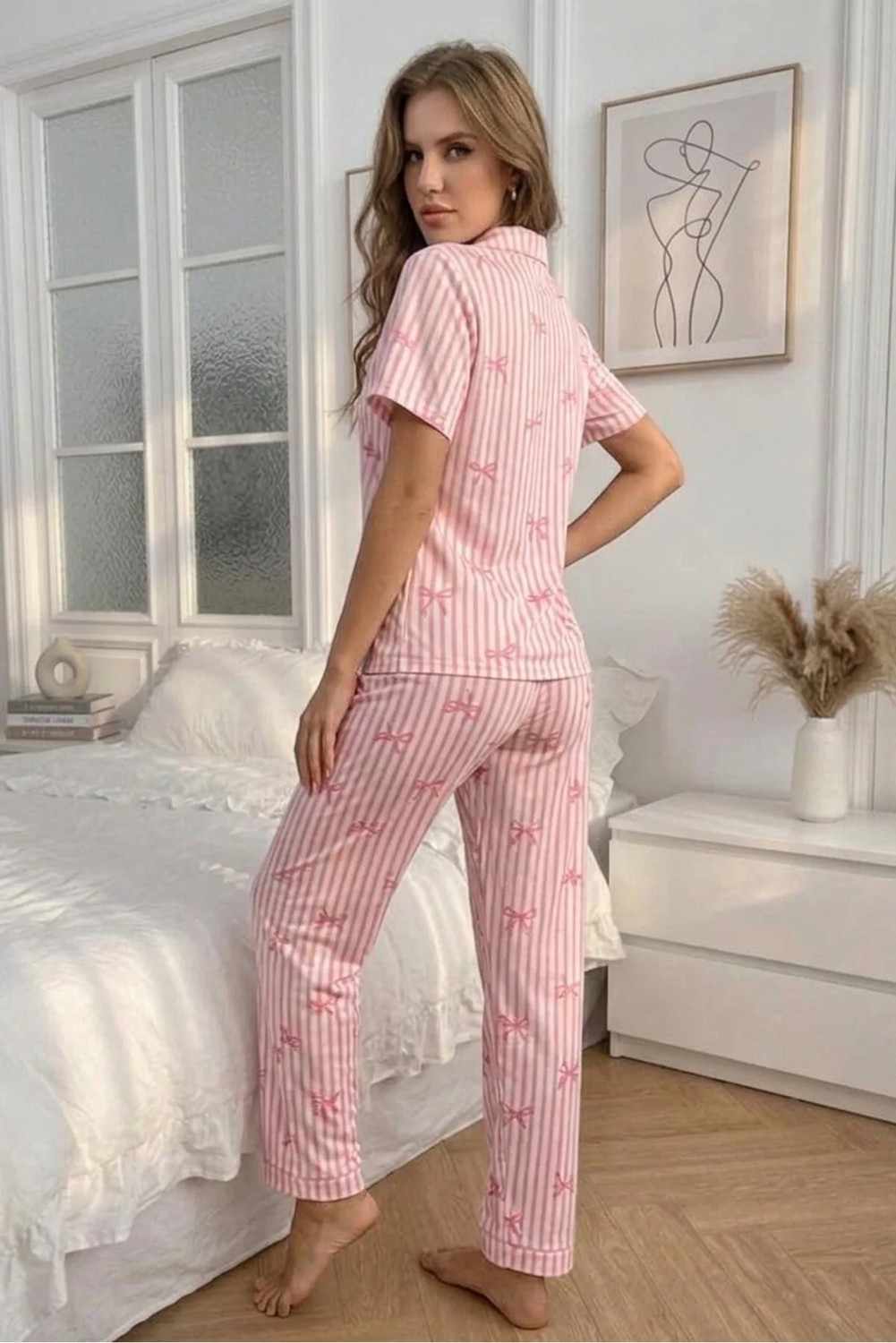 Bella Notte Pembe Soft Fiyonk Desenli Yazlık Pijama Takımı görsel 4