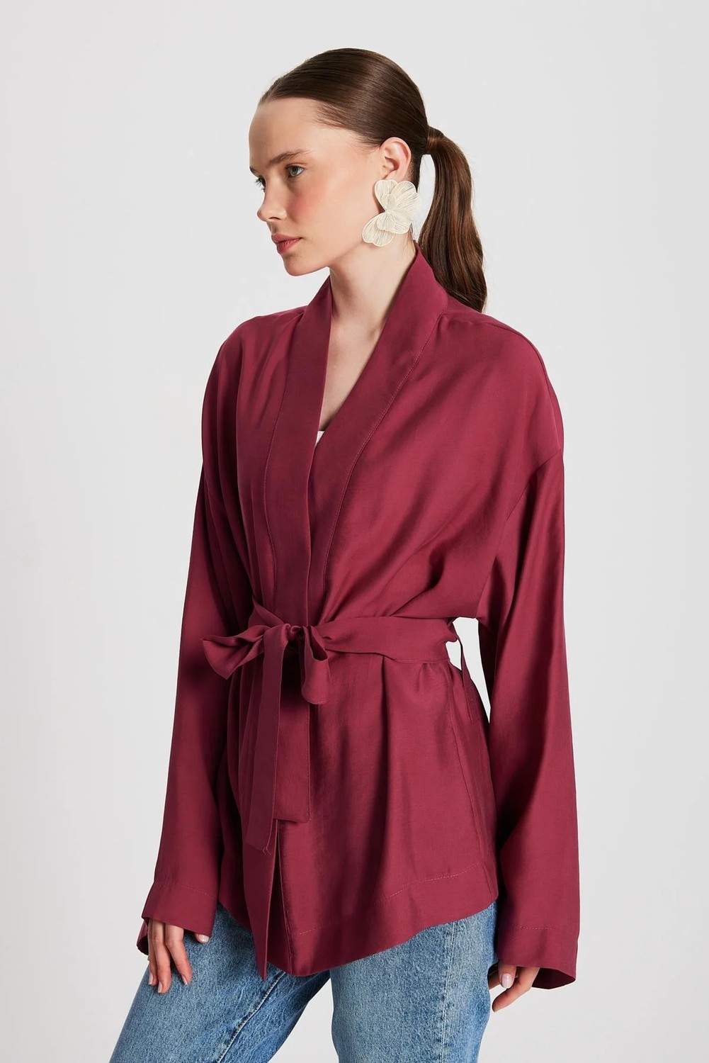 Minaaise Kadın Bordo Oversize %100 Modal Bağlamalı Kimono Ceket 29146