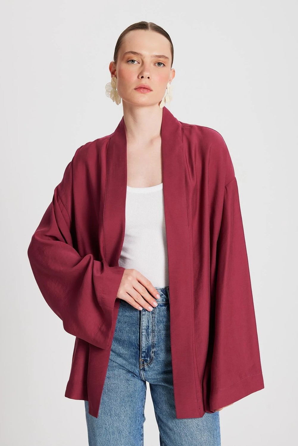 Minaaise Kadın Bordo Oversize %100 Modal Bağlamalı Kimono Ceket 29146 görsel 2