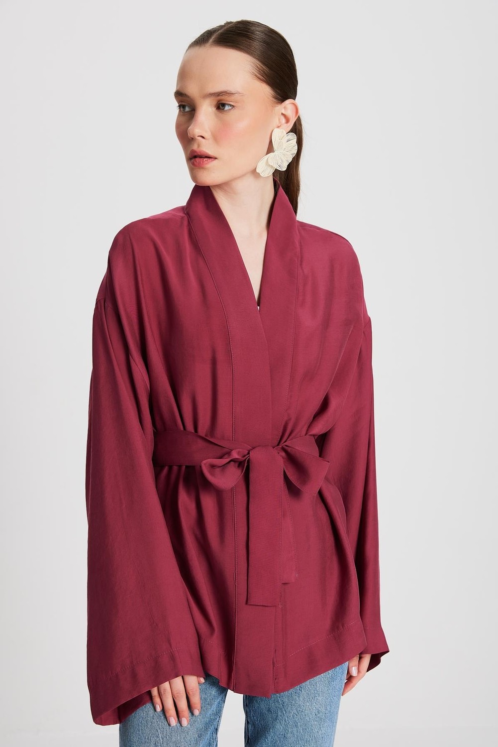 Minaaise Kadın Bordo Oversize %100 Modal Bağlamalı Kimono Ceket 29146 görsel 4