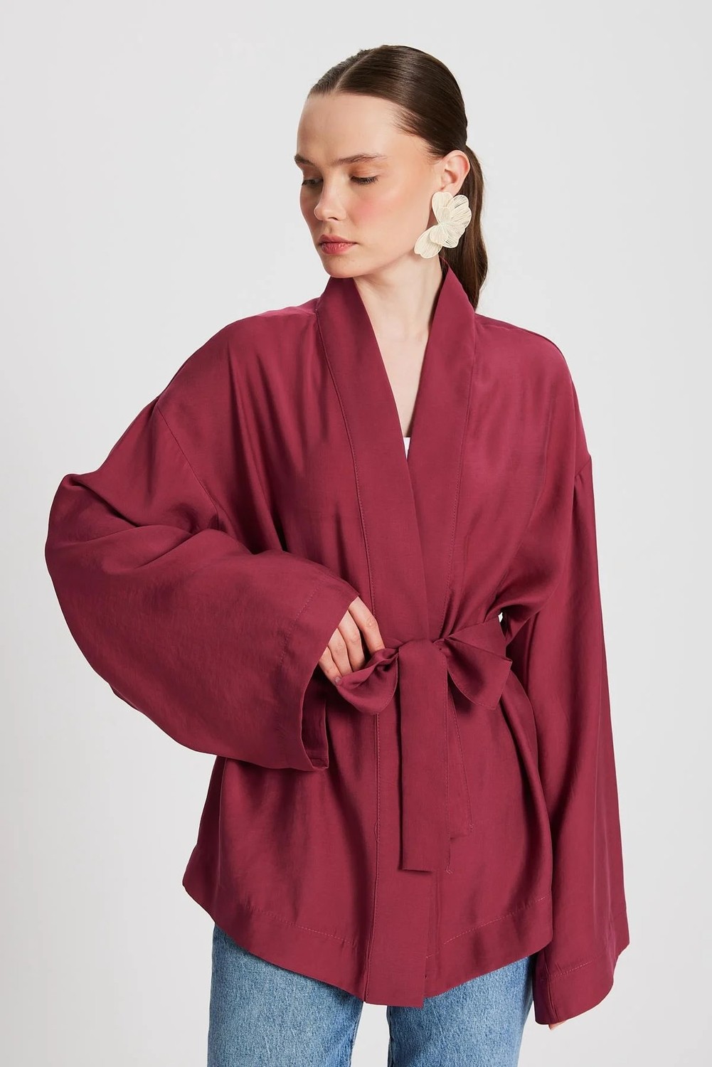 Minaaise Kadın Bordo Oversize %100 Modal Bağlamalı Kimono Ceket 29146 görsel 5