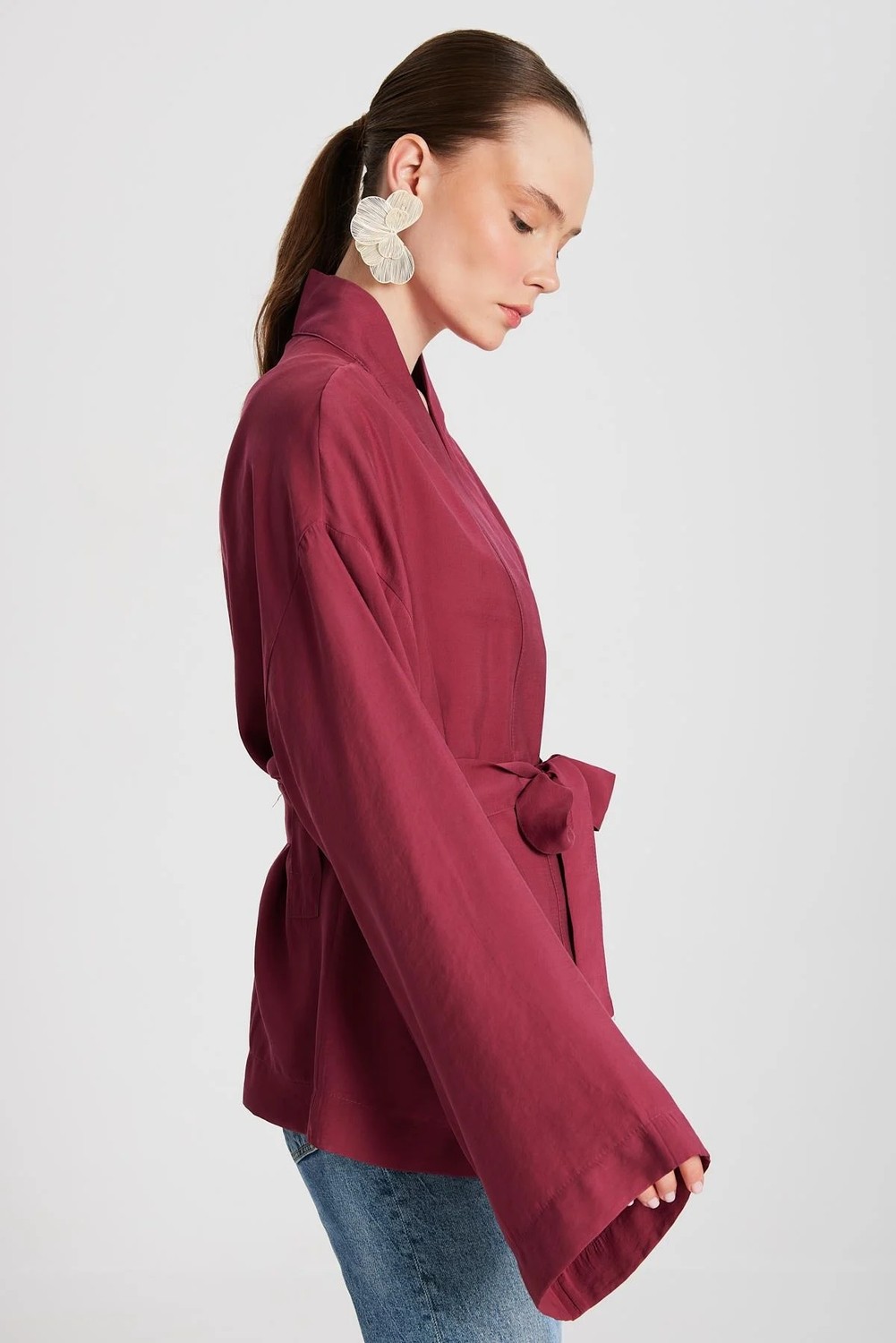 Minaaise Kadın Bordo Oversize %100 Modal Bağlamalı Kimono Ceket 29146 görsel 6