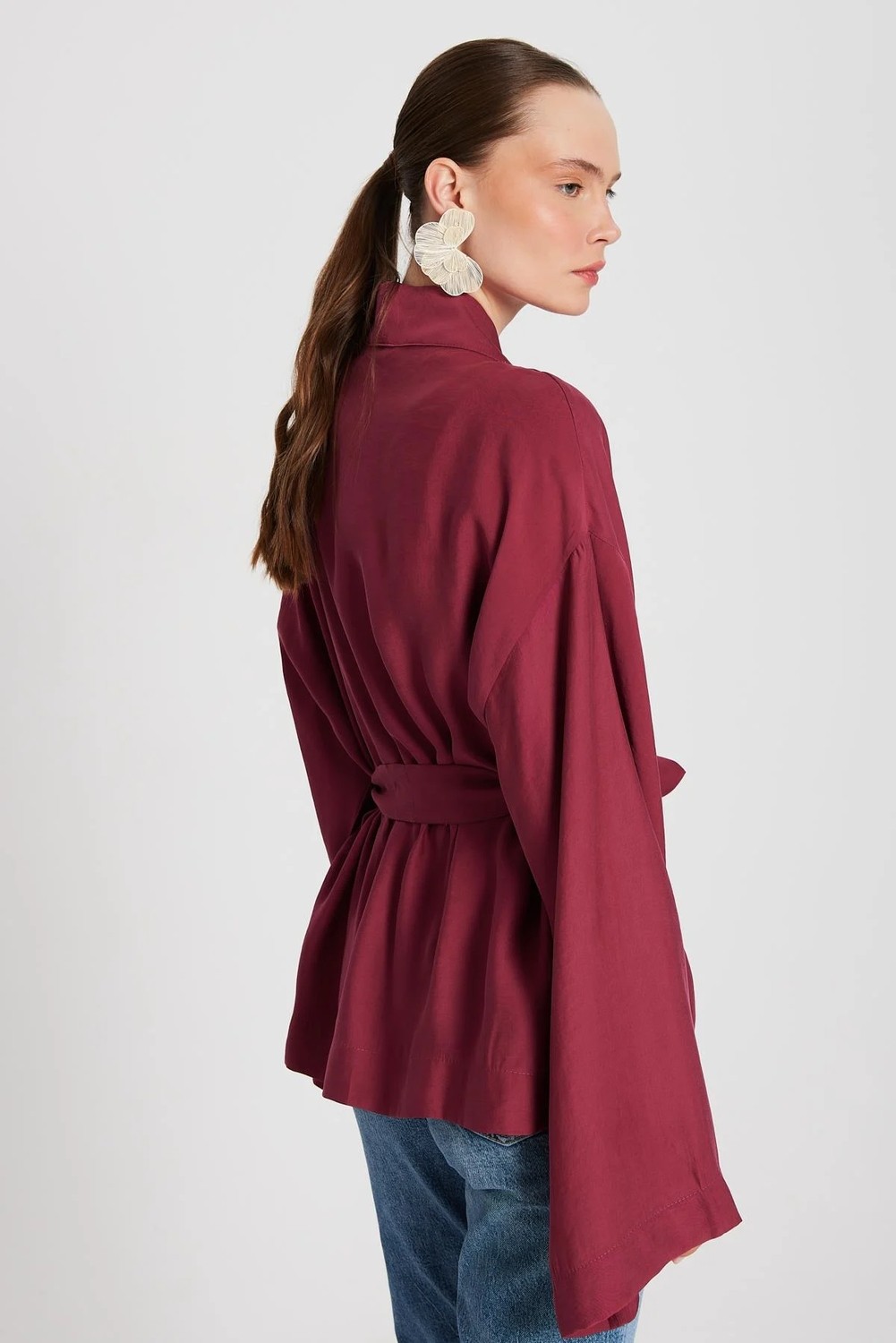 Minaaise Kadın Bordo Oversize %100 Modal Bağlamalı Kimono Ceket 29146 görsel 7