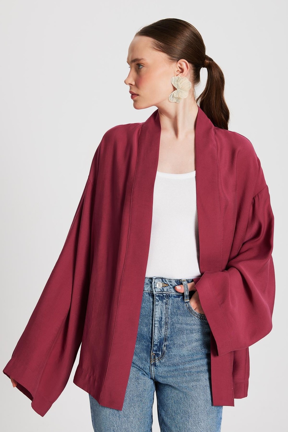 Minaaise Kadın Bordo Oversize %100 Modal Bağlamalı Kimono Ceket 29146 görsel 8