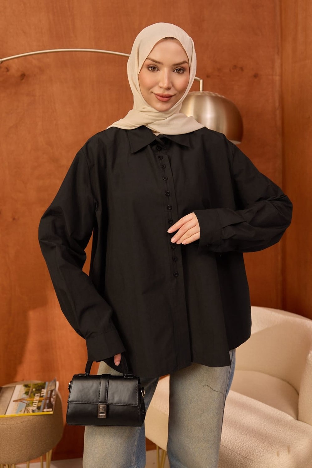 İmaj Butik Krem Düğmeli Asimetrik Kesim Terikoton Gömlek görsel 4