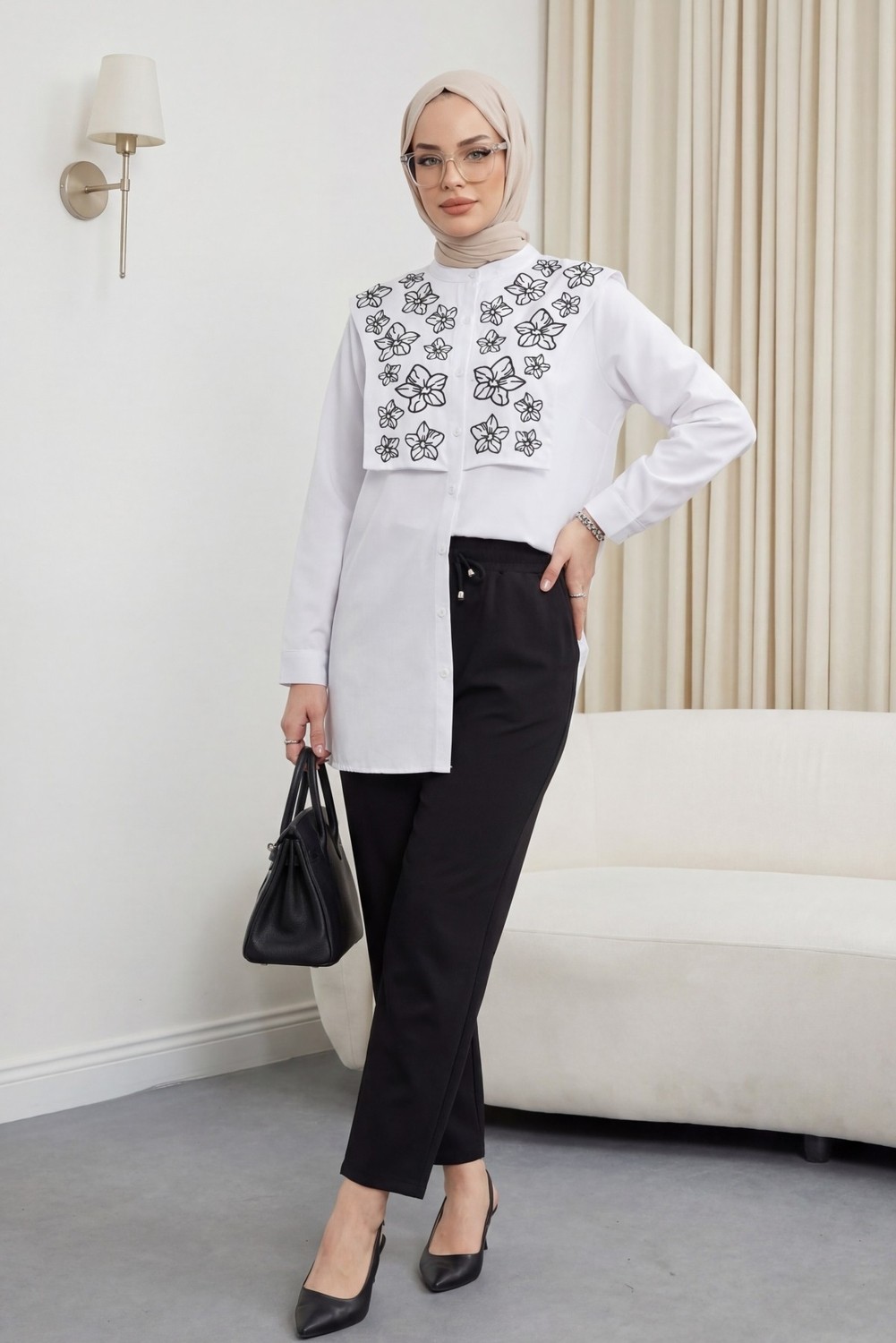 Moda Morfo Plastron Detaylı Nakışlı Poplin Gömlek -Beyaz görsel 2